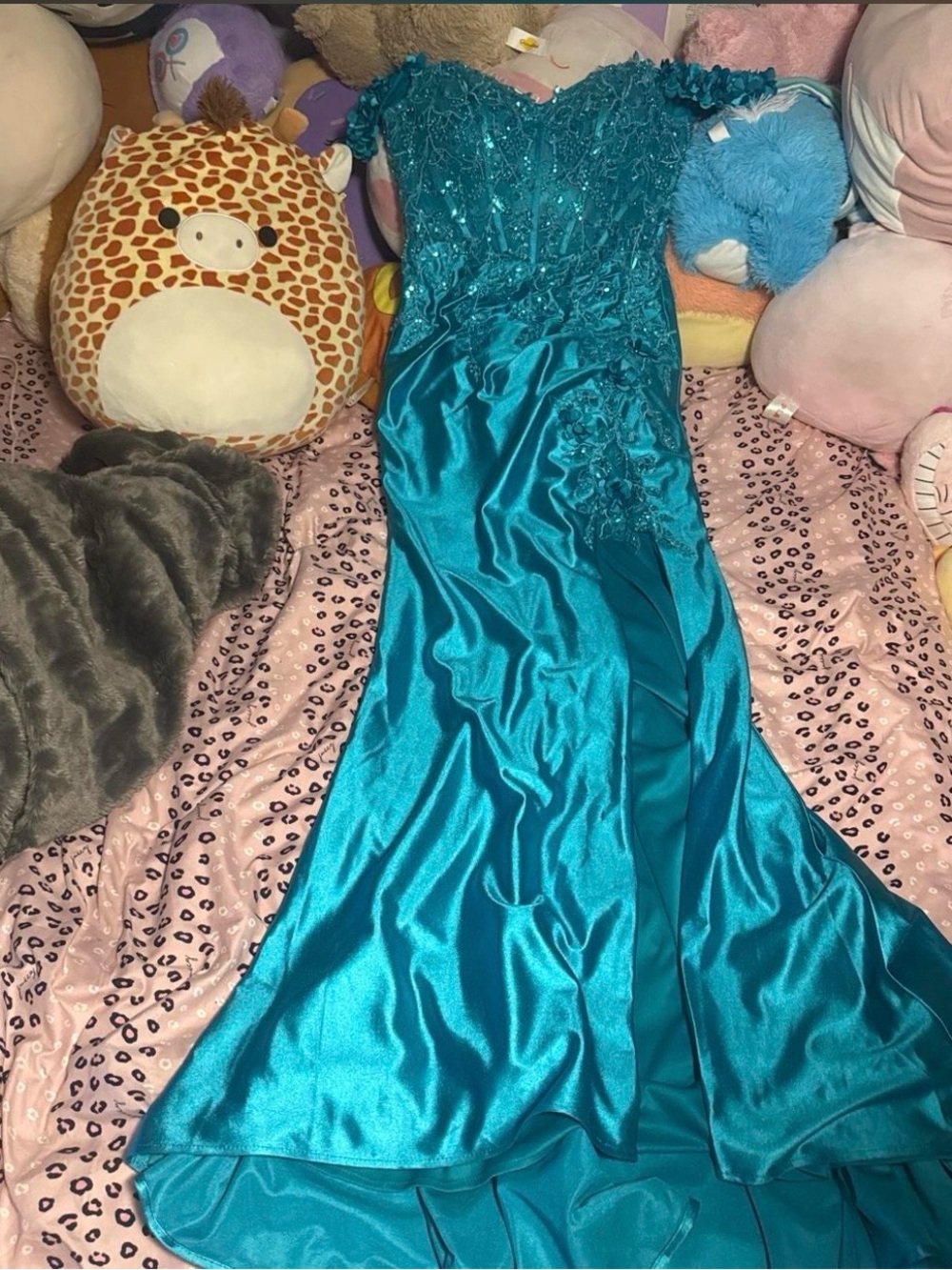 Teal Beaded Satin Evening Gown